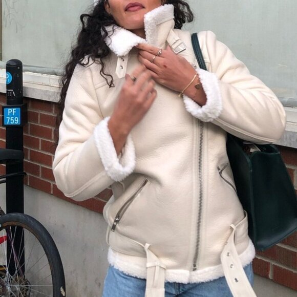 Zara Jackets & Blazers - Zara Faux Suede Sherling Aviator Leather Belted Jacket Coat White Cream Medium